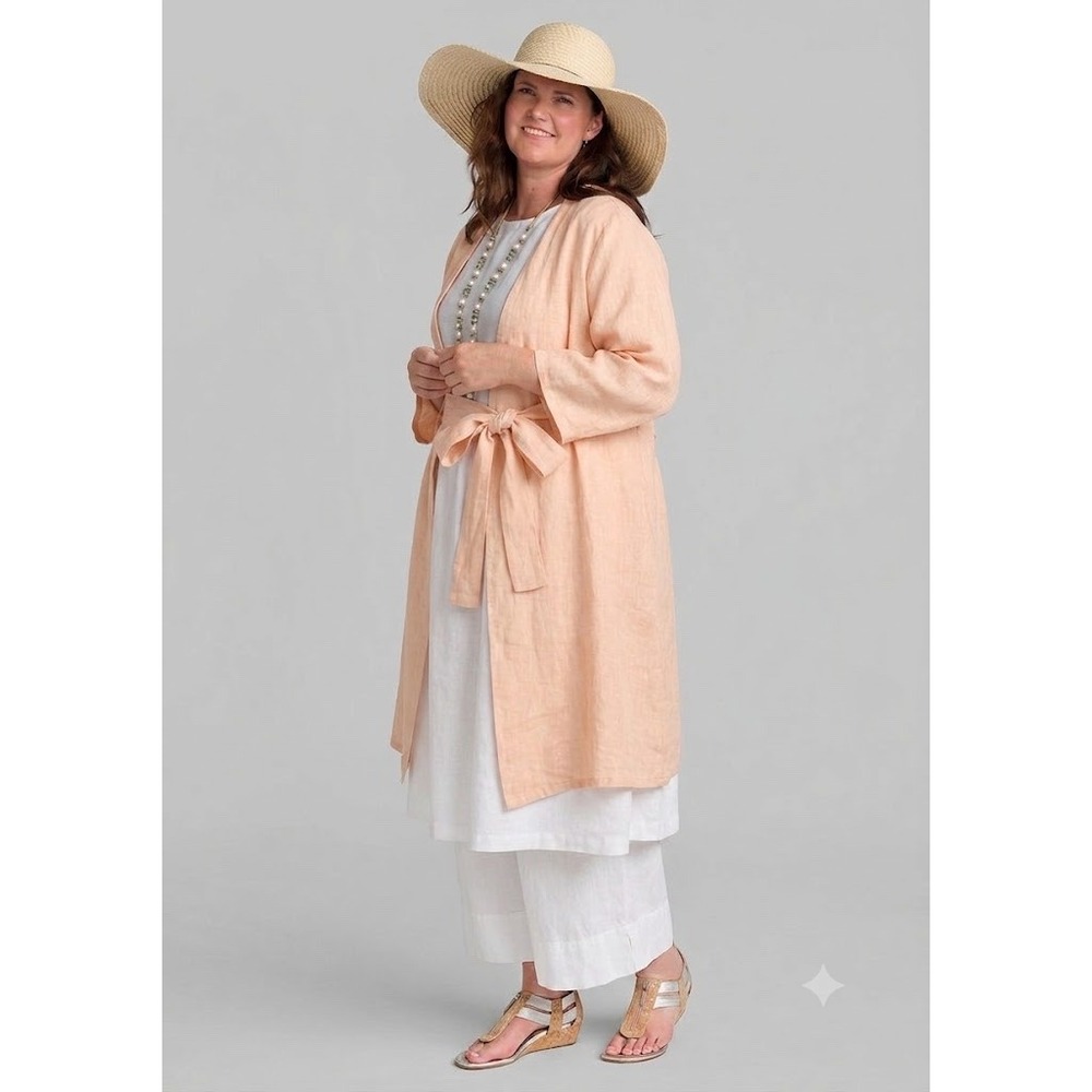 FLAX Peach 100% Linen V-Neck Duster Robe Kimono Midi Tie Front Lagenlook